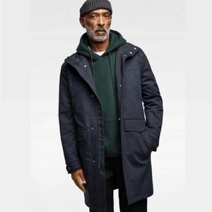 Zara Mens Coat Navy Jacket Size Large Hidden Hood Blue